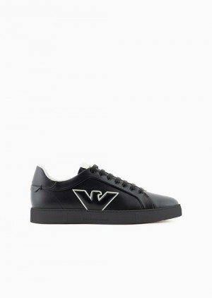 Black Emporio Armani Leather Sneakers With Eagle Patch | EA-SN58985