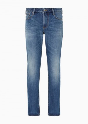 Medium Blue Emporio Armani J06 Slim-fit, Bleached-effect Comfort-denim Jeans | EA-SN58021